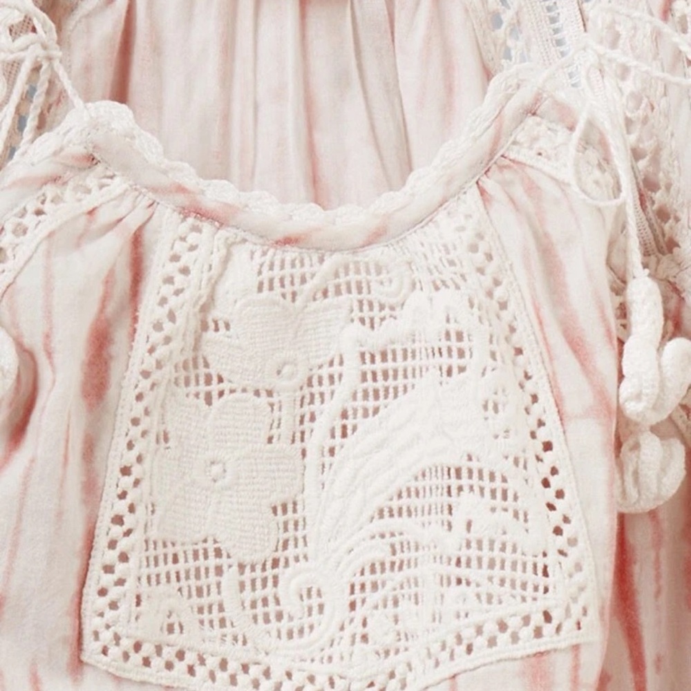 ⨠Boho Coastal Blush Tie-Dye Lace Detail Top | Summer Resort Chic Blouse - Picture 4 of 8
